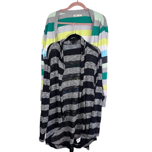 Old Navy Sweater 2X Gray Striped Cardigan Kit Preppy Mature Boho Goth Retro 80s - Picture 1 of 11